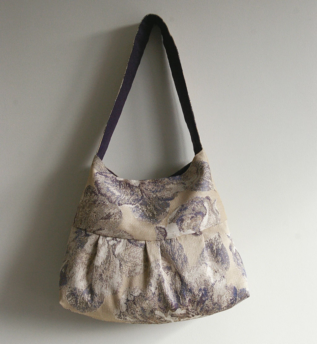 Beige Blue Purple Floral Tapestry Pleated Handbag / Purse / Shoulder bag CARRIE STYLE One-of-a-kind