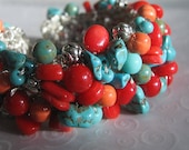 Beaded Cuff Bracelet, Pearl, Silver Beads,Semi Precious, Stones, Red Coral, Orange, Green Jasper Hand Knit