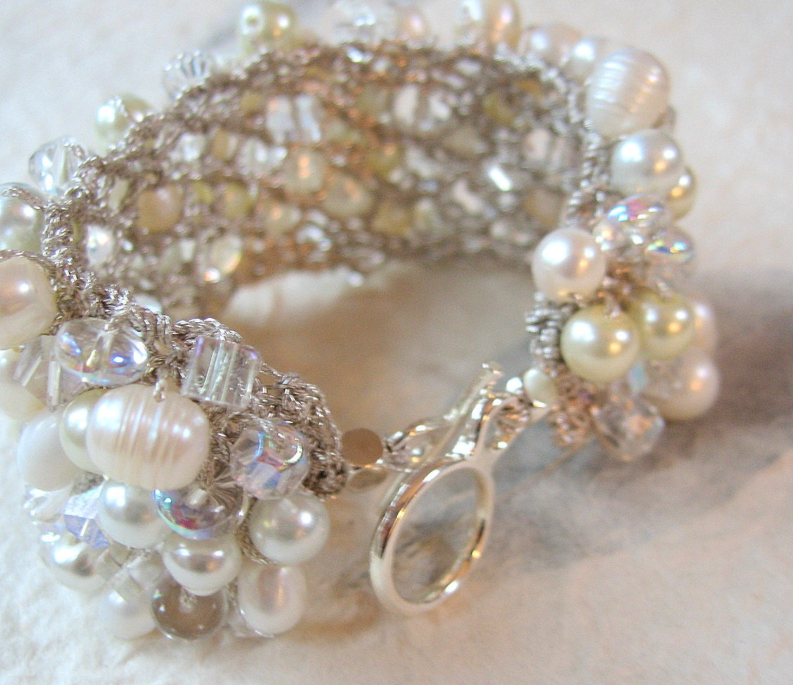 Freshwater Pearl Crystal  Wide Soft Hand Knit Bridal Wedding Bead Cuff Bracelet, White, Ivory Unique Original Exclusive, Sereba Designs