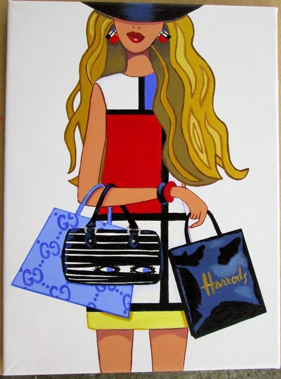 Painting Fashion Girl YSL Piet Mondrian dress Lulu Guinness Gucci Harrods bag by Julie Barry