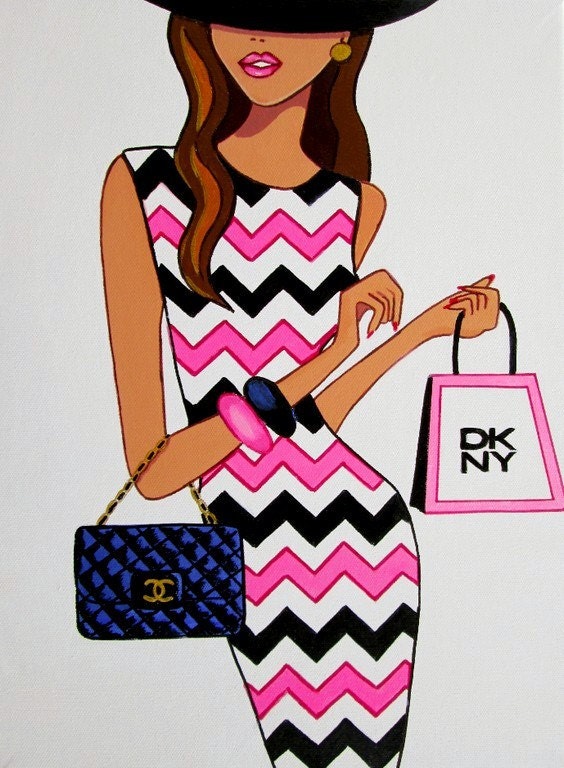 Original Painting Fashion Girl Pink black white chevron dress hat Chanel DKNY handbag bag by Julie Barry