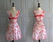 SALE Vintage 1960s Dress 60s Sleeveless Red White Cotton Dress Womens Size Medium
