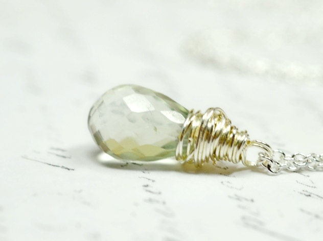 Green Amethyst Necklace, Wire wrapped briolette necklace on sterling silver, prasiolite