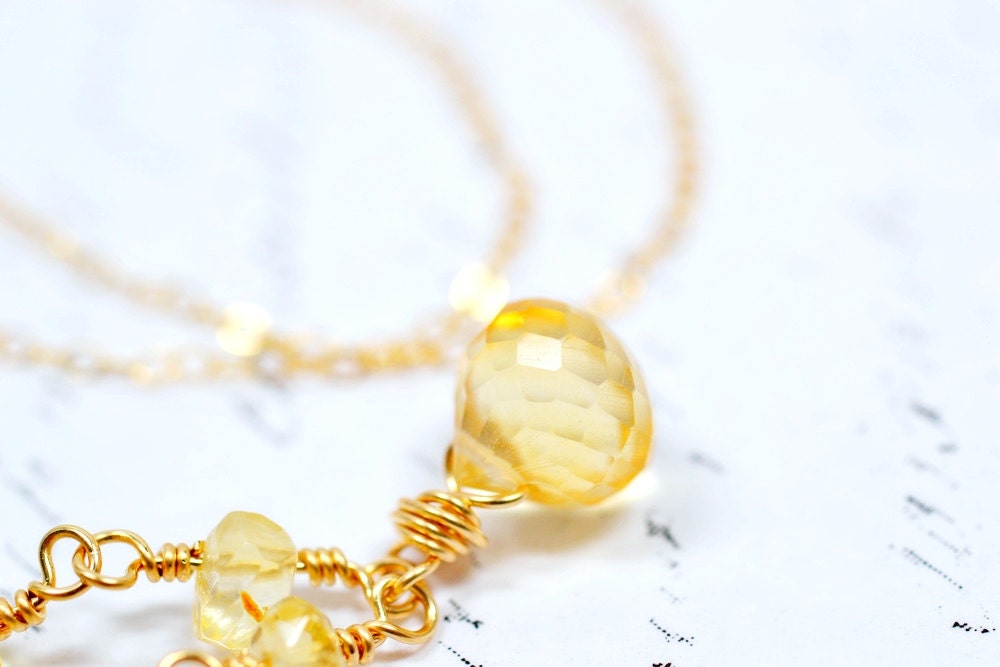 Genuine Citrine and 14k Gold Necklace, Honey Yellow Gemstones on 14k Goldfilled Chain