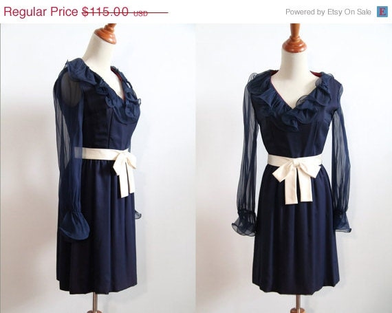 SALE 50s Silk Dress - Holiday Party Dress - Navy Silk Chiffon with White Satin Bow