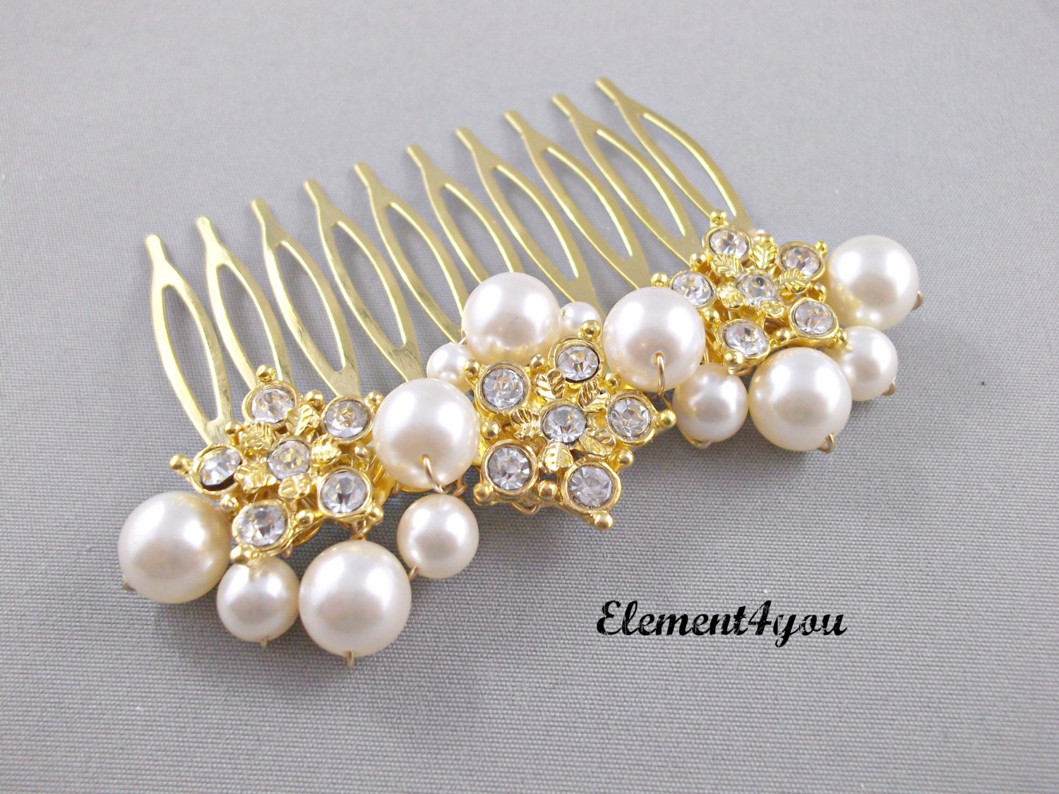 Gold hair comb Wedding bridal hair piece Swarovski ivory champagne pearls rhinestone flower gold fascinator veil tiara Fall wedding