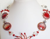 Red and white summer mother pearls beadwork handmade peyote flower set Necklace-bracelet-earrings