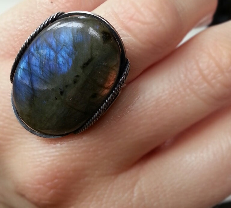 Blue Labradorite Ring, Electric Blue, Coral Orange, Natural Stone, Blue Flash, Electric Gemstone, Oxidized Sterling Silver