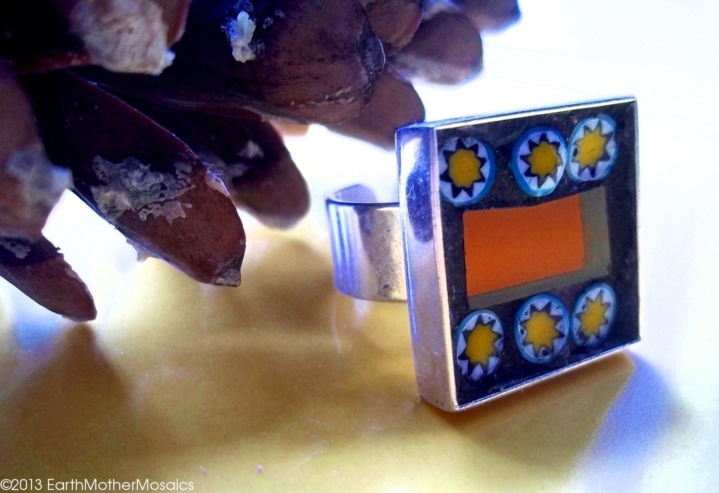 Mosaic Ring: Silver Plated, Stained Glass Flowers, Copper Mirror
