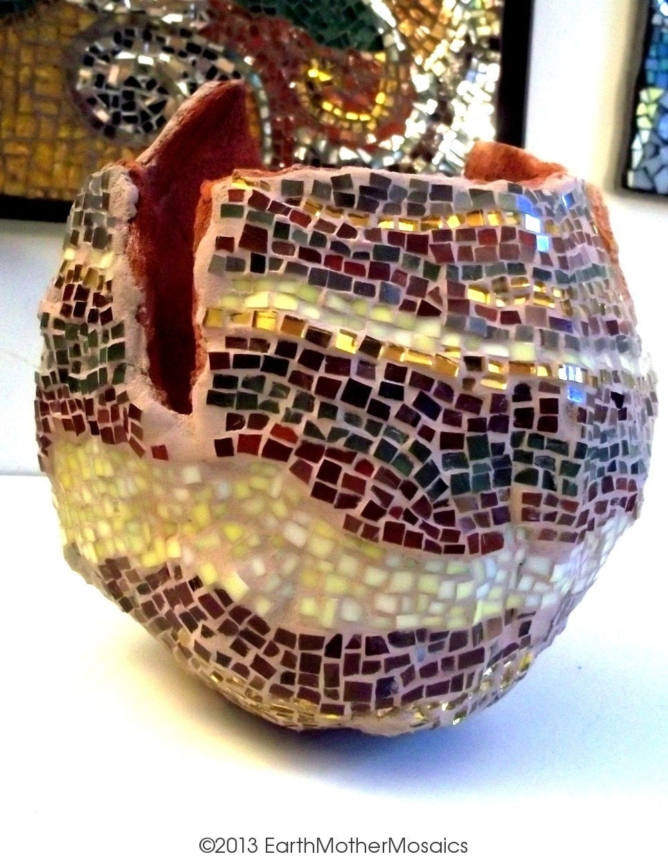 Mosaic Bowl: Handmade, Stained Glass, Fine Art, Earth Tones, Brown, Green, Yellow, Rust, Gold