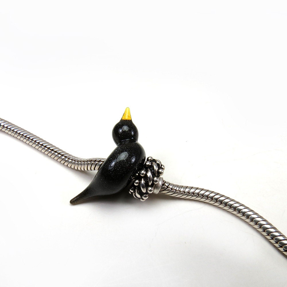 Big hole bird bead, Troll bead, Raven crow bead, bracelet and necklace - Sparkle Silver Grey