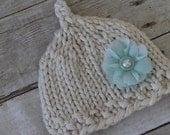 Knit Baby Hat in Cream with Blue Flower
