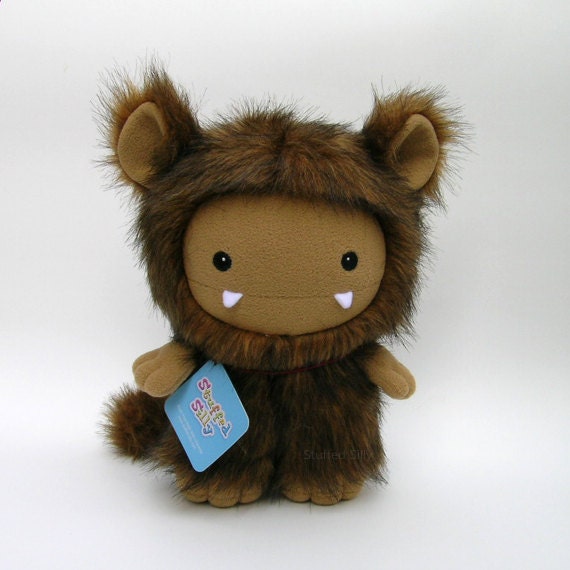 Stuffed Monster Doll, Cute Plush Toy Animal Collectible, Furry Brown Bear with Fangs