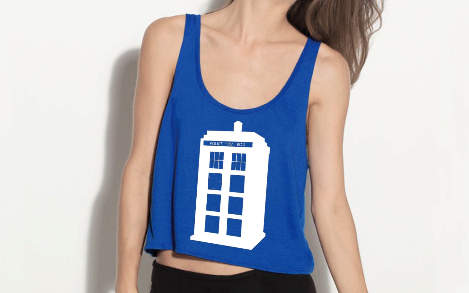 Police Box Crop Tank - Fits Many Sizes - Simple Minimal Design - Doctor Who - Flowy Women Hipster Girls Teen Shirt Tee Shirt