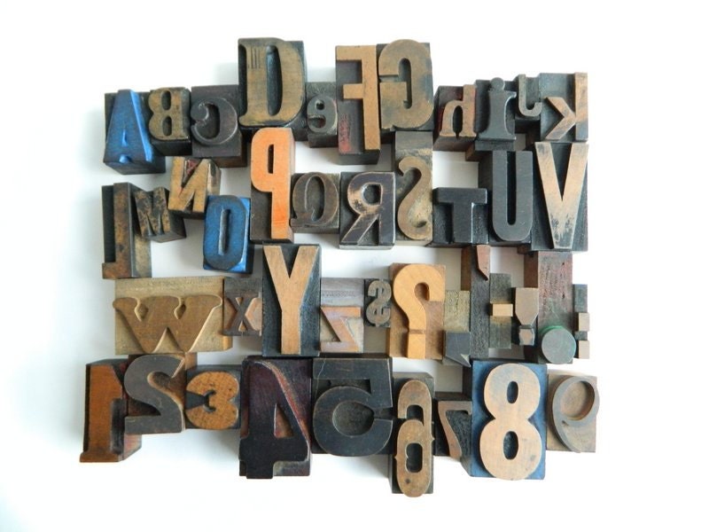 Vintage Letterpress Type Alphabet 43 Piece Set of wood printers blocks alphabet, numbers, punctuation