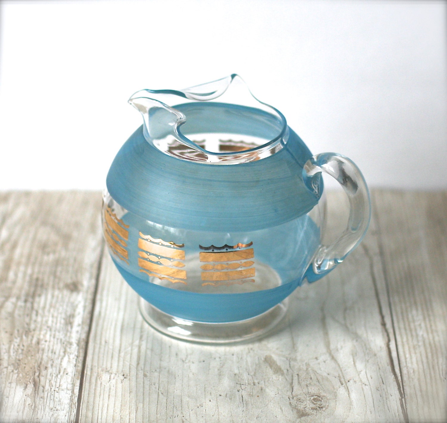 Mid Century Round Frosted Blue And Gold Glass Pitcher