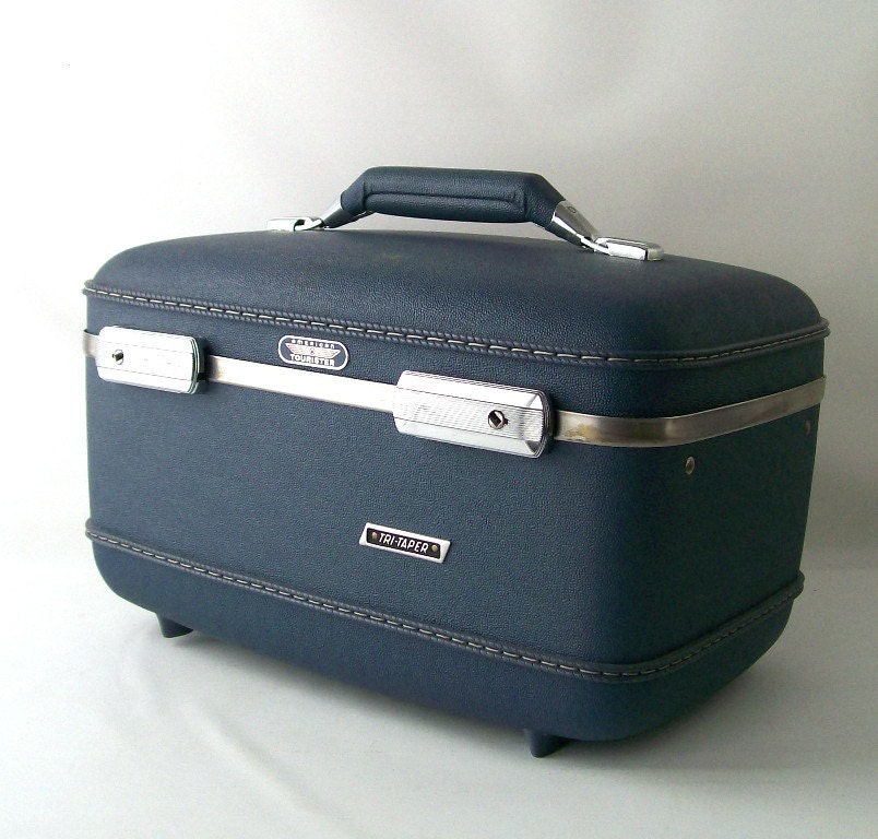 vintage train case american tourister tri-taper blue luggage hardshell case travel gear unisex men women mid century modern retro accessory