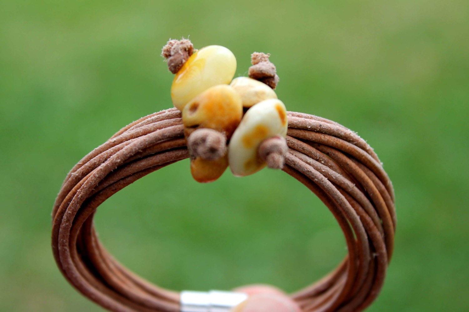 Leather Bracelet White Amber Organic Zen Jewelry Earthy Color Brown Tan Yellow Summer Fashion