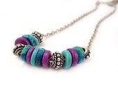 Mykonos Necklace, Minimalist, Colorful Greek Beads, Aqua, Purple, Bali Beads, Silver Chain, Handmade Boho Necklace
