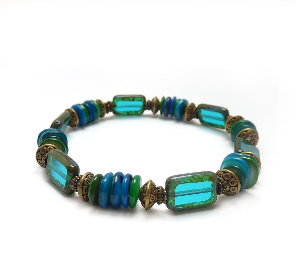 Aqua BlueBracelet, Emerald Green, Teal, Picasso Tablecut Beads, Mother of Pearl, Bohemian Jewelry, Elastic Stacking Bracelet,