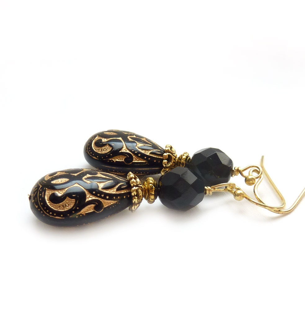 Black Drop Earrings, Indochine Acrylic Beads with Gold Inlay, Vintage Style, Beaded Dangle Earrings