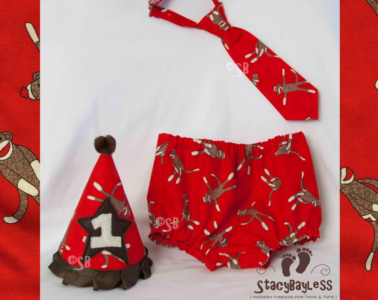 3 PIECE SET Sock Monkey Party Hat - Diaper Cover - Necktie for Cake Smash or First Birthday - Baby - Boys