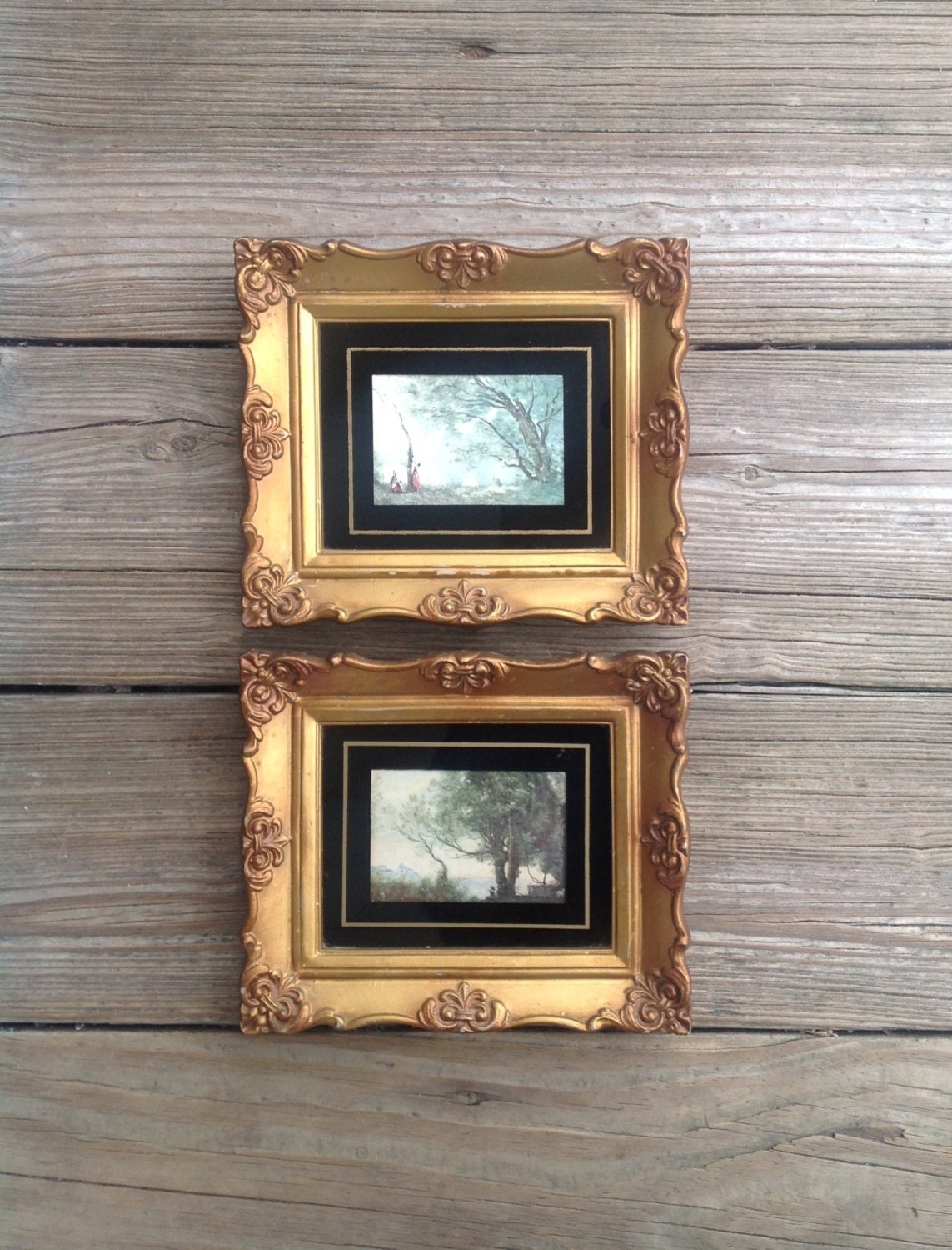 Vintage Miniature Italian Prints Jean Baptiste Corot Framed Gold fluer de lis