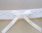 Wedding Toss Garter, White Stretch Lace, White Bow Also Available with Blue Bow