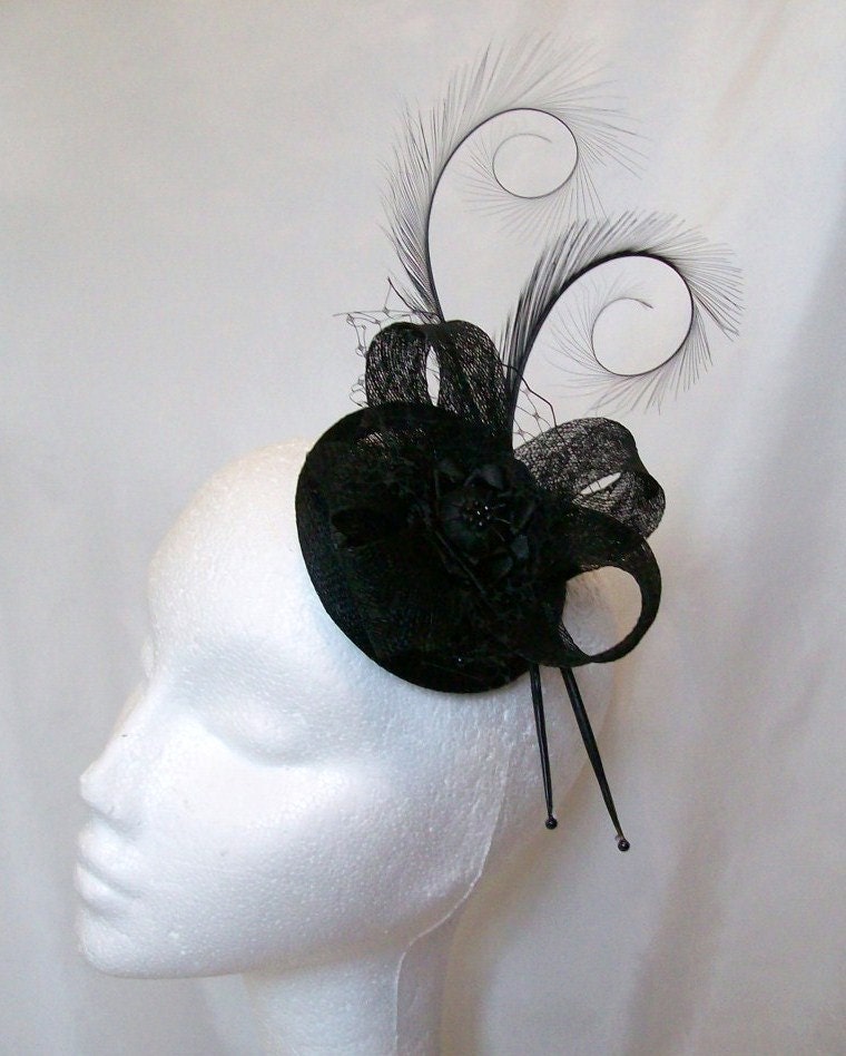 Elegant Black Curl Feather Sinamay Loop & Pearl Crystal Wedding Fascinator Mini Hat - Custom Made to Order