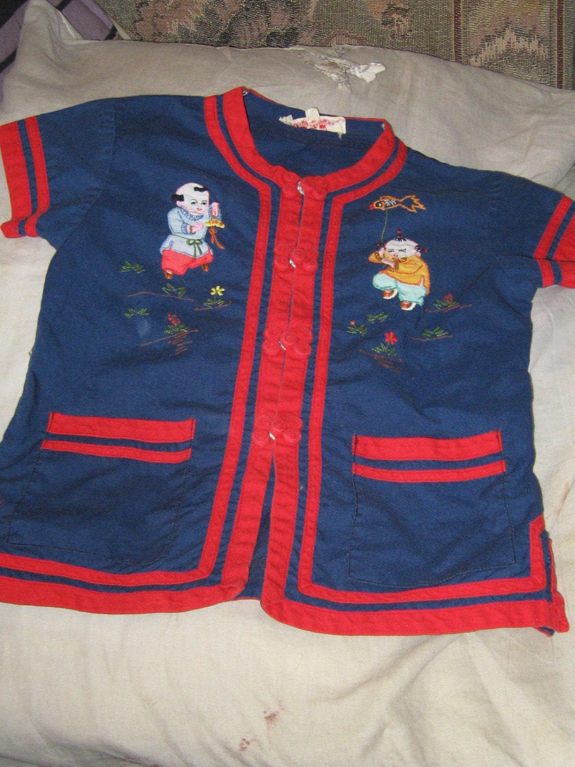 vintage Plum Blossoms Asian floral embroidered Chinese Smock  sz 4