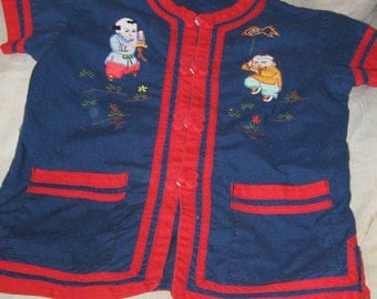 vintage Plum Blossoms Asian floral embroidered Chinese Smock  sz 4