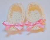 Ivory and Pink Baby Booties Newborn Shoes Infant Girl Flats Slippers Bowtie Take Home Shower Gift Photo Prop Baptism Christening Easter