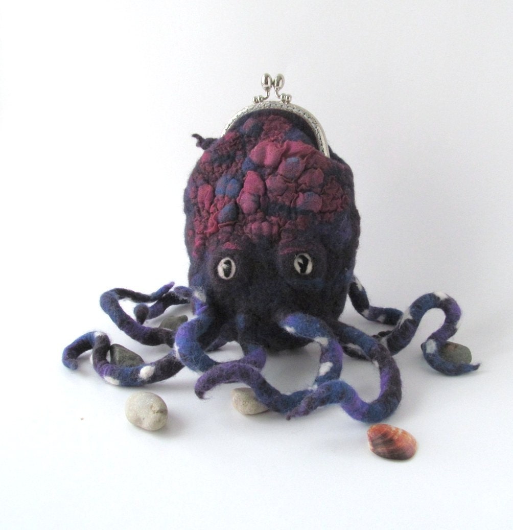 Felted  purse cosmetic Purple octopus squid under 75