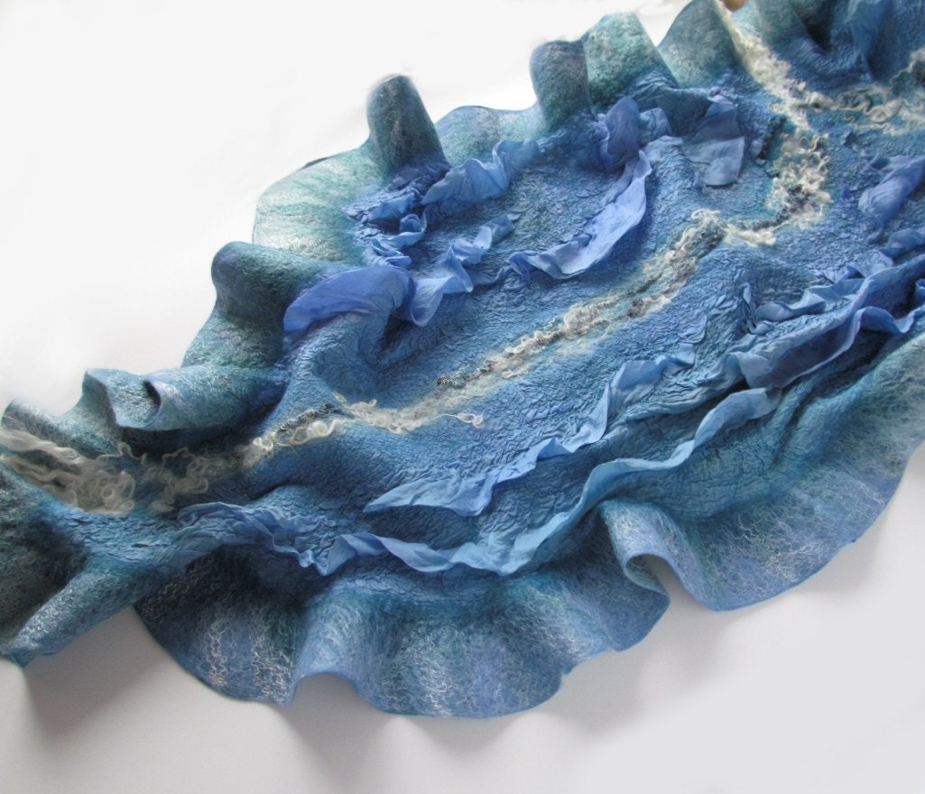 Nuno Felted scarf   ruffle  stole Blue Sea