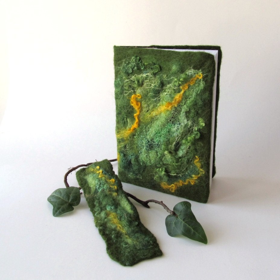 Felted journal notebook cover  Green moss spring  gift under 25
