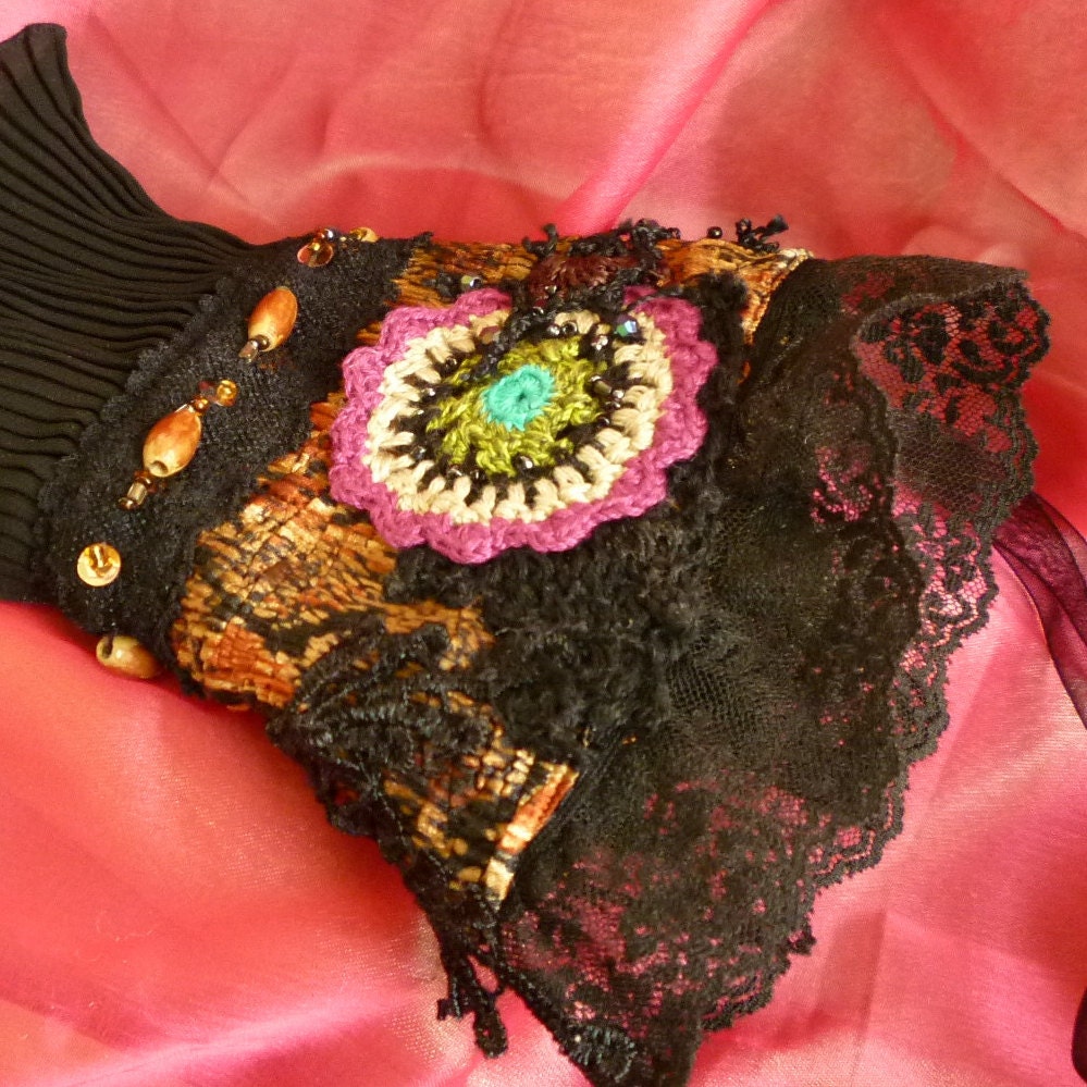 Black Lace Tiger Print Wristlet Cuff, Tie Fabric Bracelet