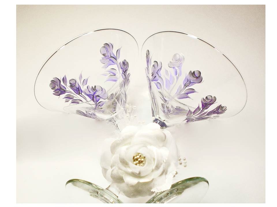 Hand Painted Martini Glasses - Lavender and Silver Roses, Set of 2 - Margarita Cocktail Mothers Day Wedding