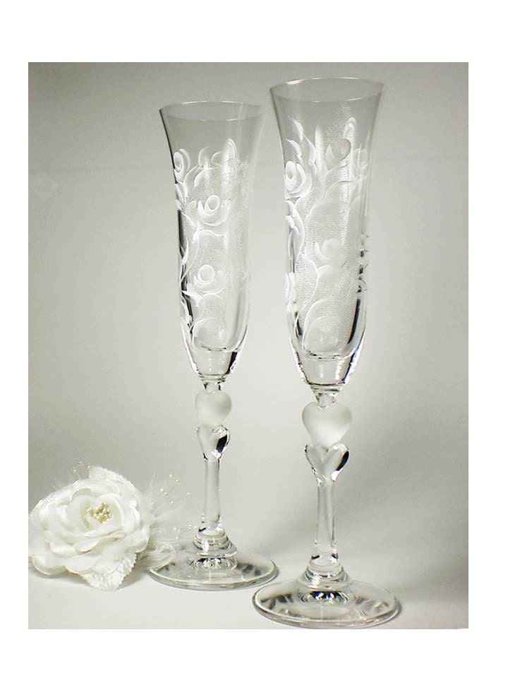 Wedding Champagne Toasting Flutes - Hand Painted Etched Styled, White Roses, Classic Tulip Shape Flutes, Set of 4 - Crystal Bridesmaid Party