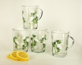 Hand Painted Glass Coffee Mugs - Pure White Roses, Fresh Green Leaves Set of 4, Large 16 oz. Summer Gardener