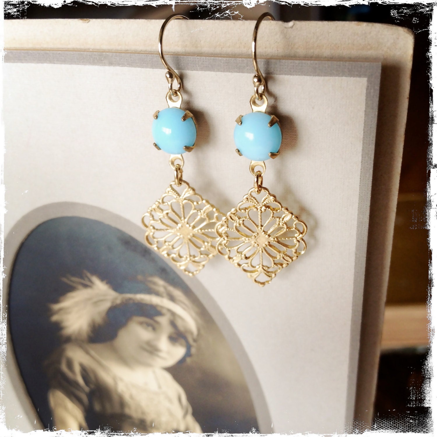 TEA with the QUEEN earrings - vintage rhinestone - filigree dangle - powder blue