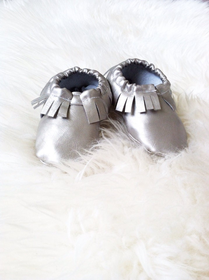 Metallic Silver Tribal Baby Moccasins soft-soled faux leather shoes for babies and toddlers re-purposed