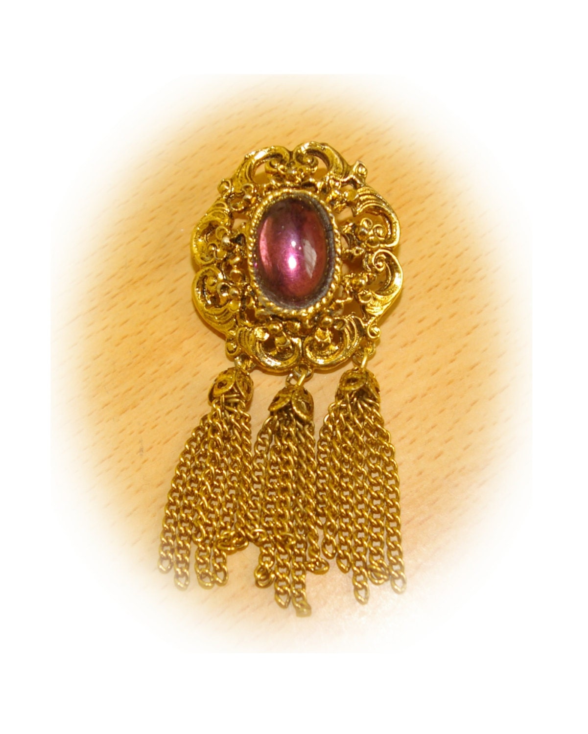 Vintage Tassel Brooch with Purple Cabachon  Victorian Style 1960's