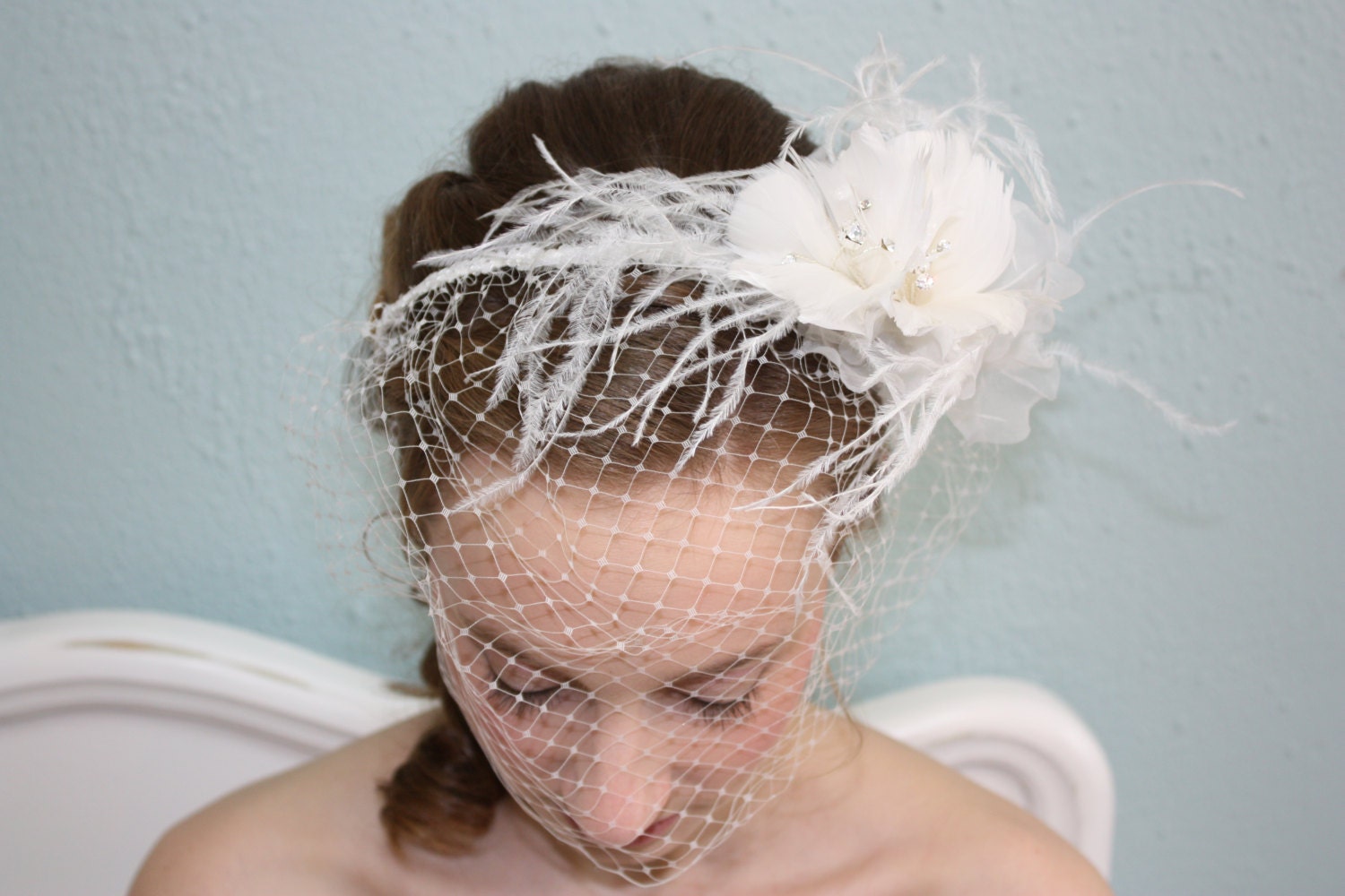 Wedding Headpiece Birdcage Veil Feathers Crystal