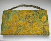 vintage. 60s Silk Upholstered Clutch with Chain  / Green and Yellow Floral Clutch / Handmade