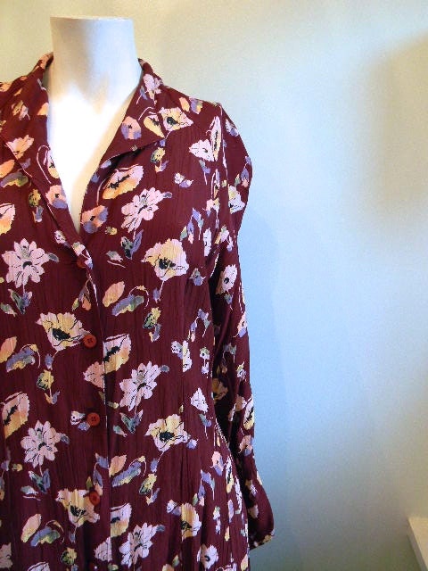 vintage.  Floral Eggplant Purple Long Sleeve Maxi Dress // Flowy Dress // S M