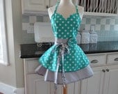 4RetroSisters - "Sadie Mae" Sweetheart Neckline -"Apple of My Eye - Aqua Gray"- Womens Retro Full Apron
