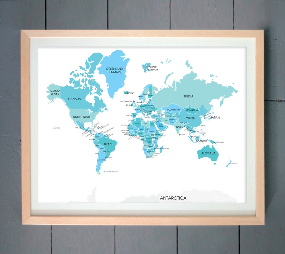 World Map ART PRINT (Colonial Revival, Pale Turquoise, Sky Blue)  (various sizes available -  11x14 - 20x30 inches)