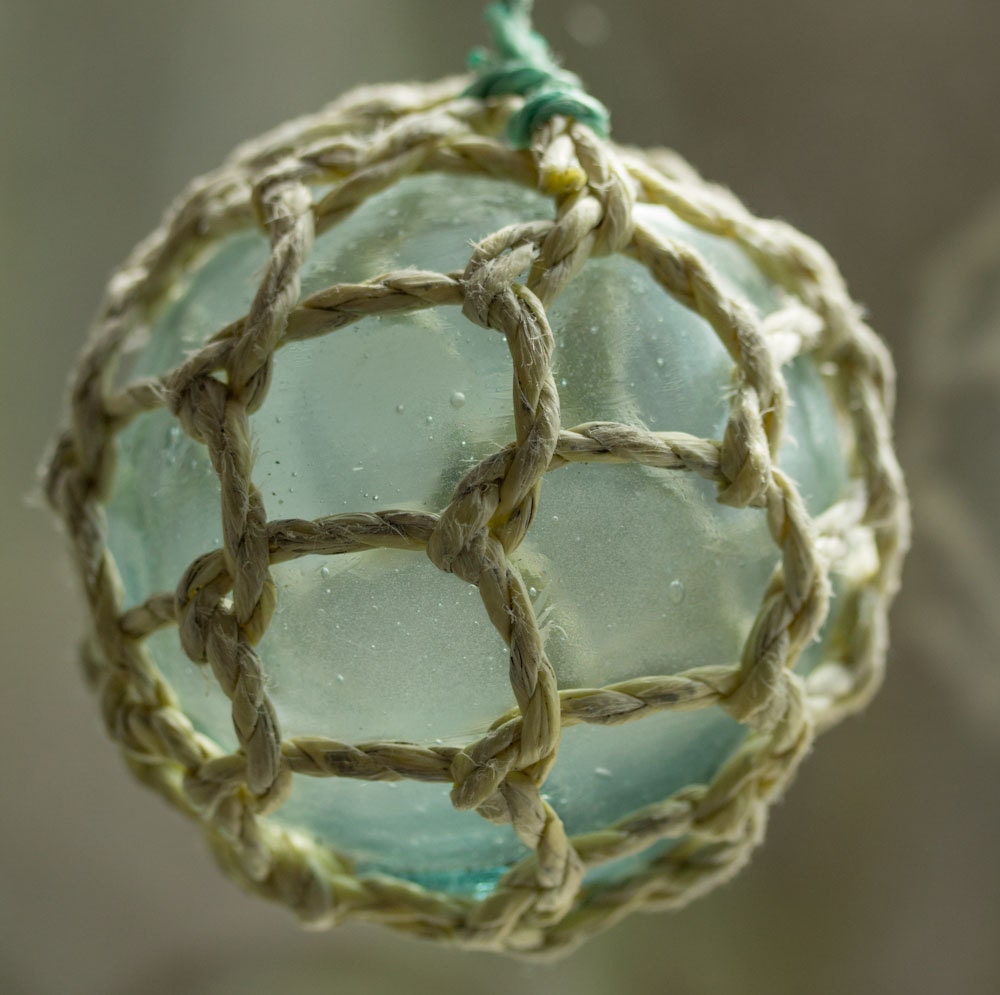 Glass Float Fishing Net Float, Authentic, Nautical decor Aqua with Original Netting