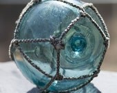 Glass Float Fishing Net Float, Authentic, Nautical decor Aqua with Original Netting, Softball size
