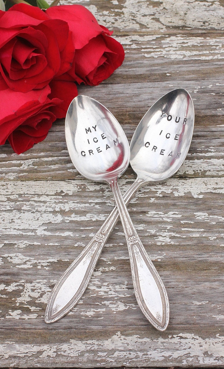 Shabby Valentine My Ice Cream, Your Ice Cream Spoons Cottage Chic Hand Stamped Ice Cream Spoon - Mystic 1926